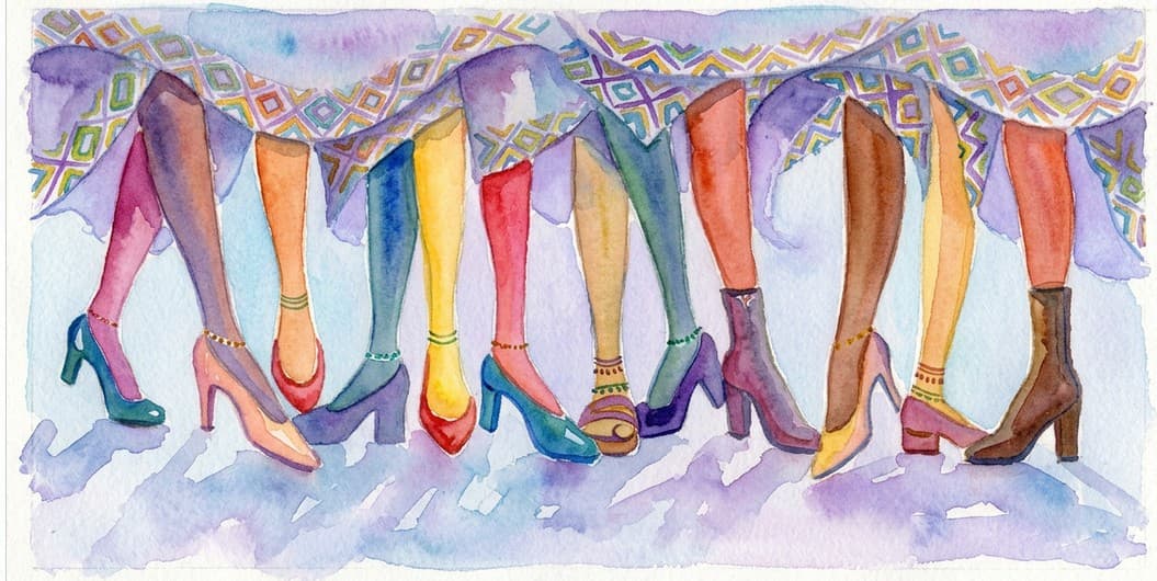 Watercolour painting of a row of women's legs in colourful tights and heeled shoes, standing beneath a shared patterned shawl.