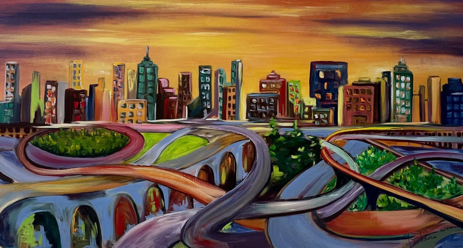 Oil painting of curving highway overpasses in the foreground beneath a city skyline lit orange at dusk.