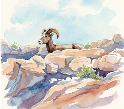 Watercolour painting of a bighorn ram resting on layered rock formations under a pale sky.